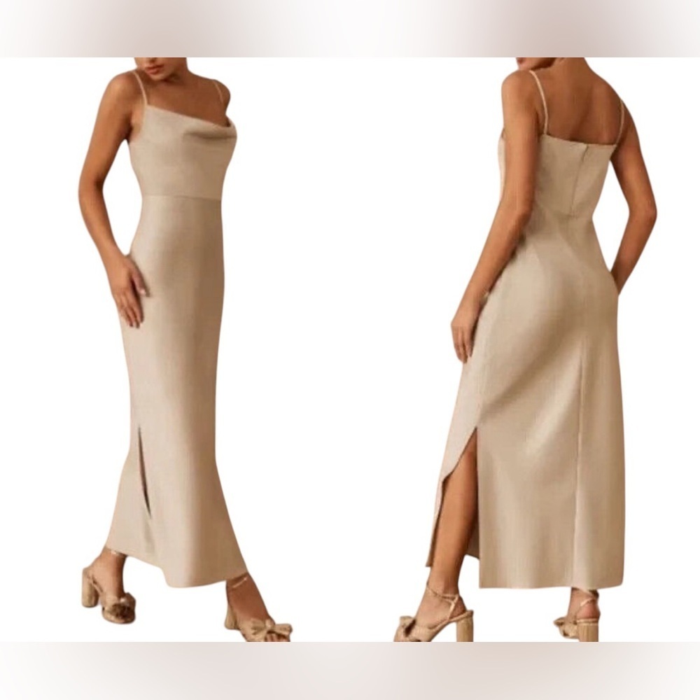BHLDN New NWOT Cali Stretch Charmeuse Midi Dress Champagne Size 6